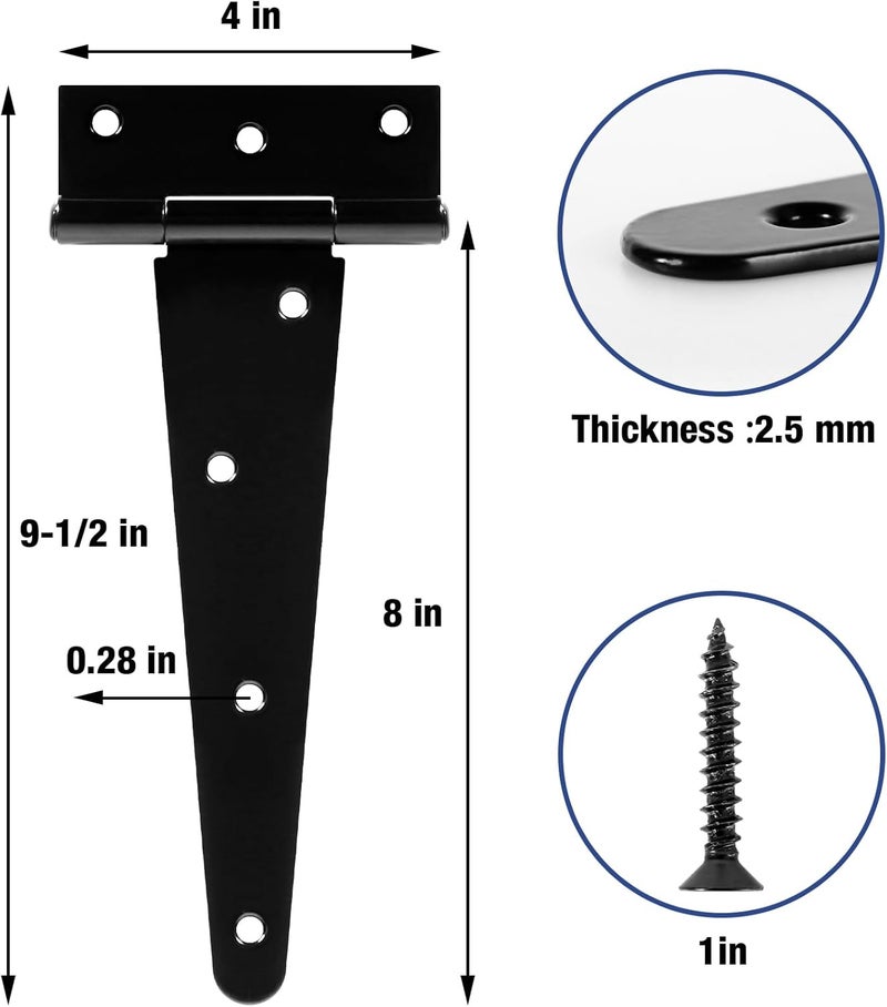 TDCHINGES 8 Inch Gate Door Hinges T-Strap Shed Hinge Heavy Duty 4 Pack Barn Farm Fence Tee Hinges for Doors Outdoor Kitchen Wood Cabinet Interior Exterior Window Bar Shop Matte Blake Door Hinge Hardware Kit - Image 2